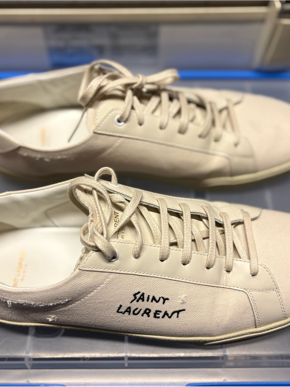 Saint Laurent Cream/Tan Low-Top Leather & Canvas Sneakers